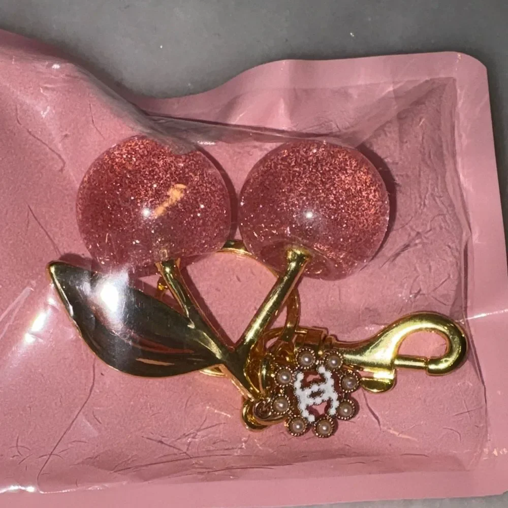 Cherry Bag Charm Keychain Pink Glitter  Kawaii Fashion Accessory NEW